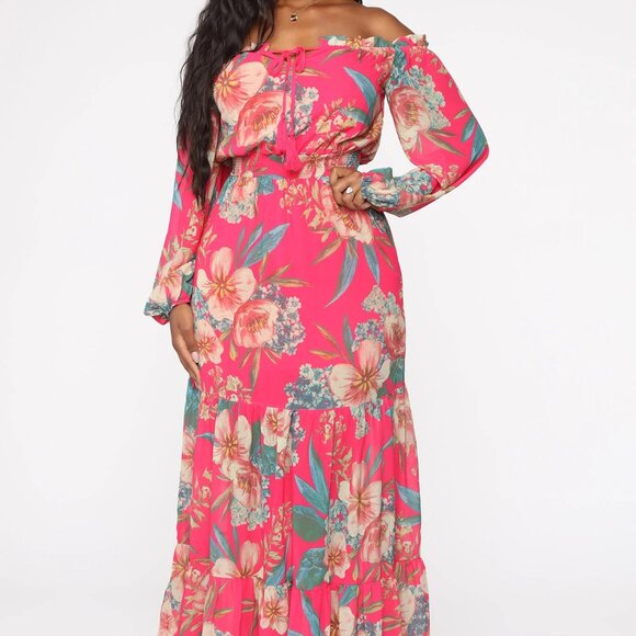 Jealous Tomato Dresses & Skirts - JEALOUS TOMATO FUCHSIA LONG SLEEVE OFF SHOULDER FLORAL PRINT SIZE L MAXI DRESS